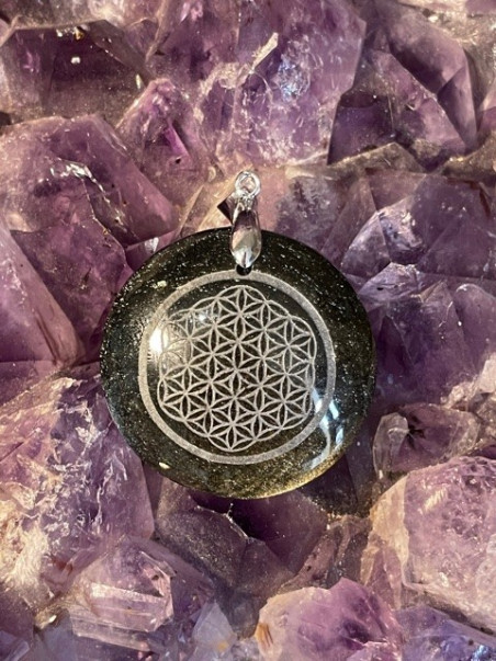 Boutique ésotérique Pierres des elfes - Pendentif Obsidienne Dorée fleur de vie