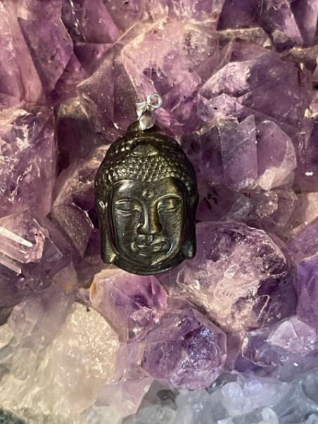 Boutique ésotérique Pierres des elfes - Pendentif Obsidienne Dorée Bouddha