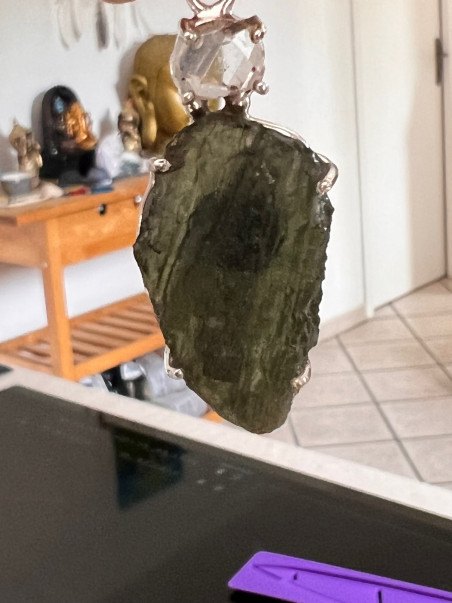 Boutique ésotérique Pierres des Elfes -Pendentif  Moldavite et diamant Herkimer